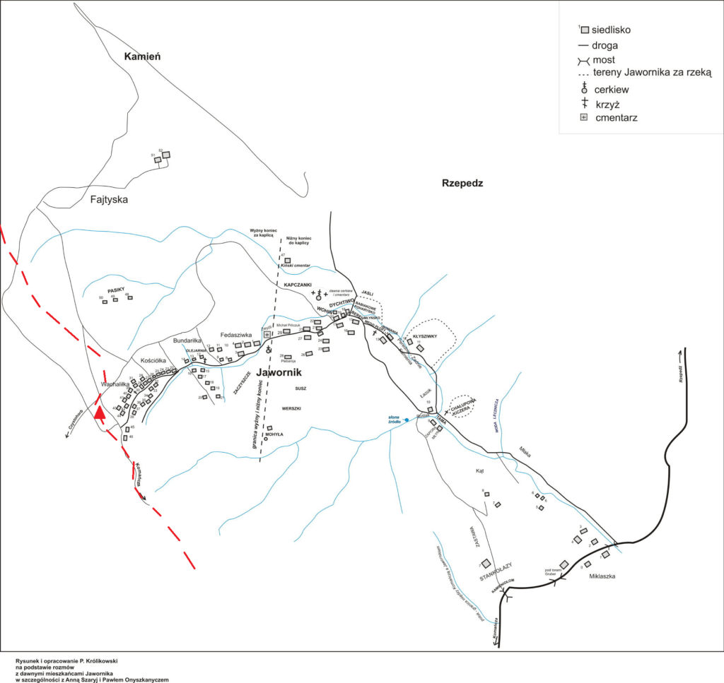 Mapa Jawornika z zaznaczonym szlakiem GSB.